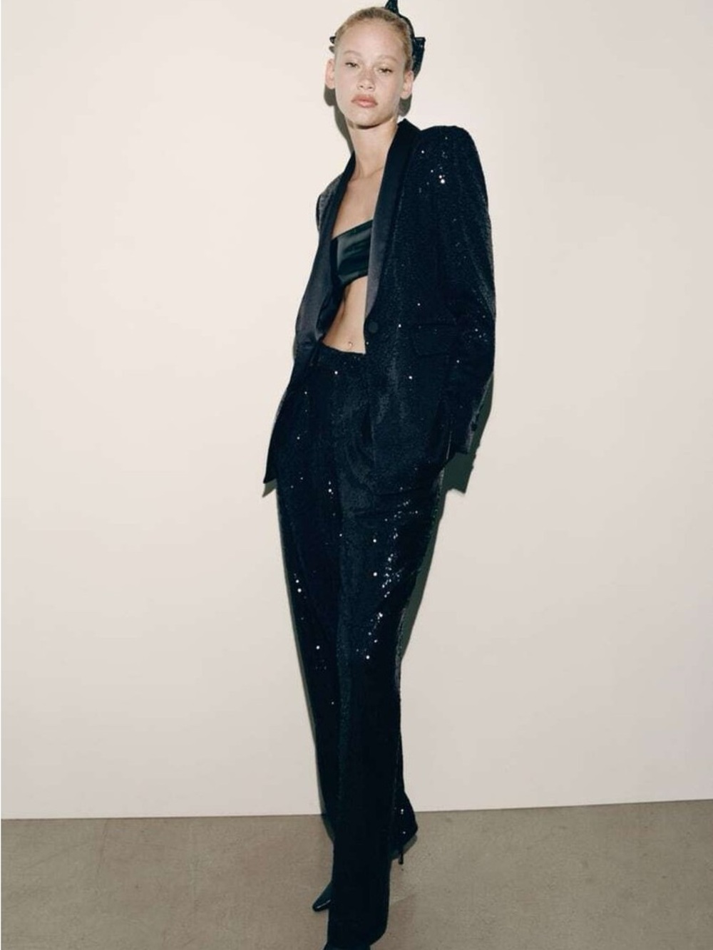 Zara Navy Sequin Tuxedo Blazer Pants Suit Set Size Small S Party Holiday